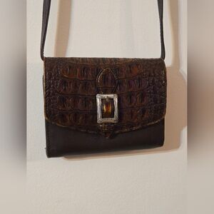 Brighton Crossbody Wallet In Black Leather With Brown Crocodile Embossed Design